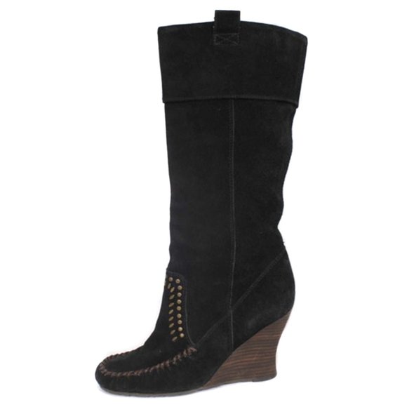 SAM EDELMAN Black ‘Alabama’ Suede Studded Knee High Moccasin Wedge Boots Size 8 - Picture 3 of 8